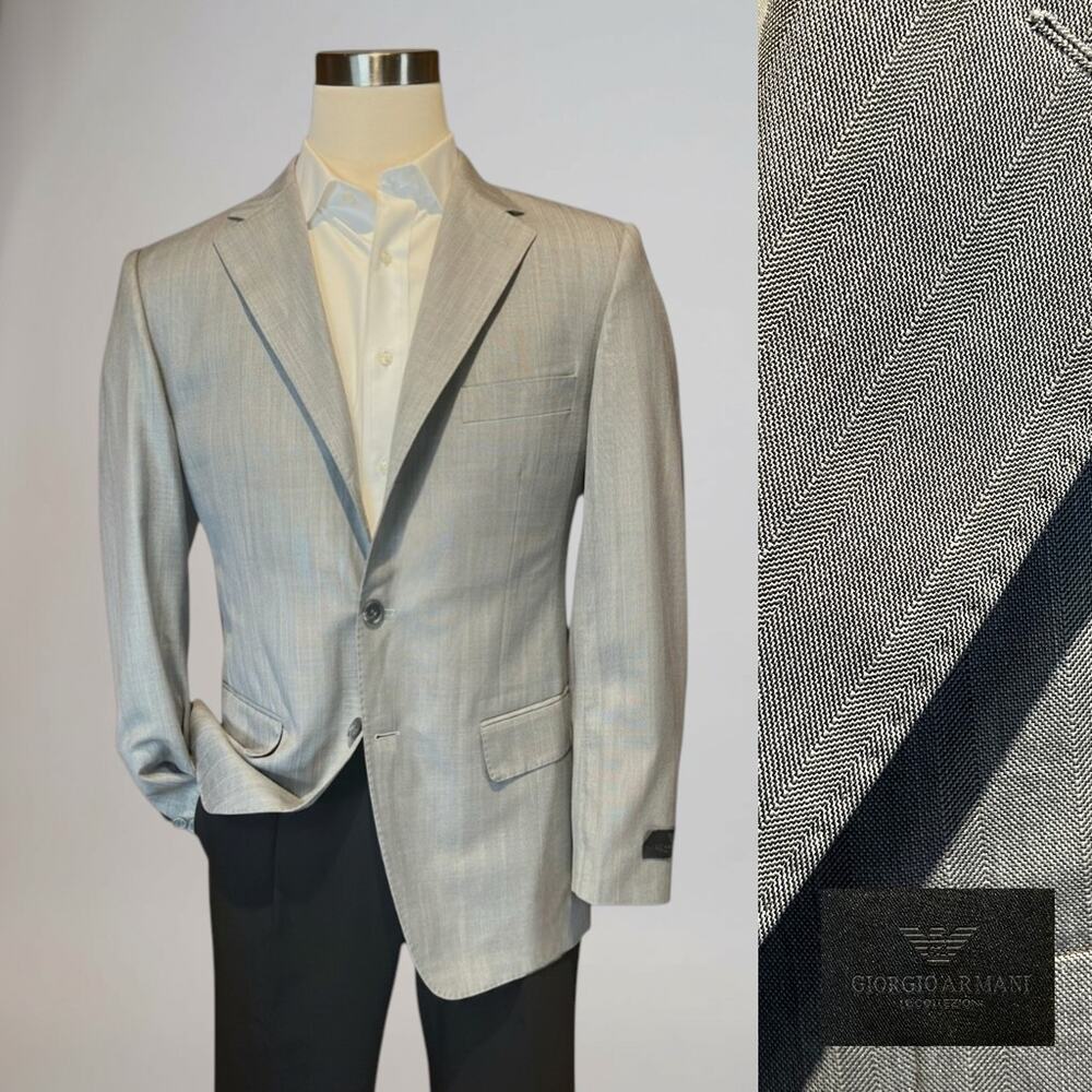 New Giorgio Armani 40R Silver Dove Gray Micro Herringbone Designer Blazer Italy